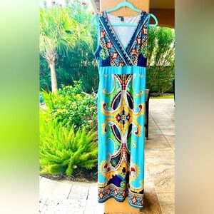 BEAUTIFUL Maxi Geometric Dress Turquoise SZ 2XL SLENDERIZING
